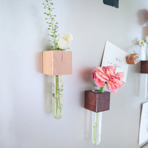 Mini Vase Magnets – Set of 2 – Beech & Walnut Wood – Decorative Fridge Magnets for Small Flowers or Greenery